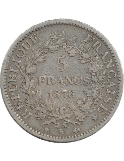 FRANCE 5 FRANCS HERCULE DUPRE 1876 K (Bordeaux) TB+ N2