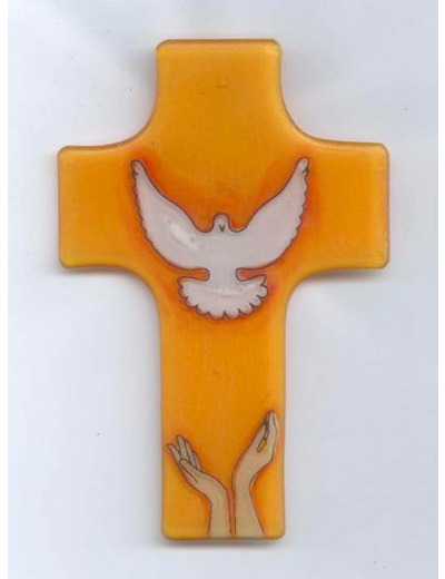 Croix en verre 8x12cm- MAINS + COLOMBE- ORANGE