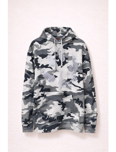Sweat à capuche Malabar – Grosse patte signature Swarovski (argent, rose, orange) – Camouflage Gris | Édition premium