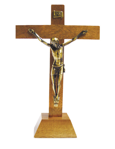 Crucifix en Bois sur Pied 23,5cm avec Christ en Bronze