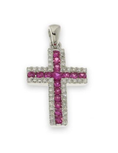 Croix en Argent 925 2,8cm- ZIRCONIUMS et RUBIS synthétiques