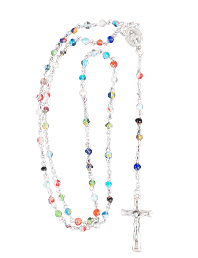 Chapelet en verre MULTICOLORE 3mm chaine argentée