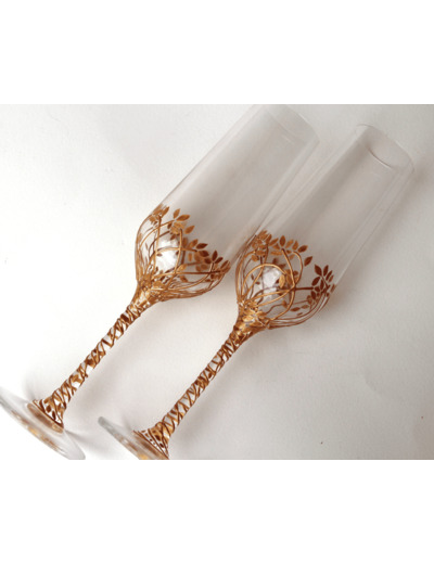 Lot de deux flutes à champagne peintes à la main décorées de feuillages dorés pour votre mariage, pièce originale et unique