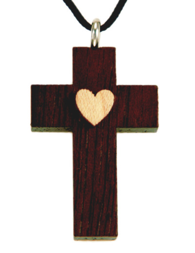 Croix en Bois d'Erable Vernis 3,5cm avec Cordon - COEUR