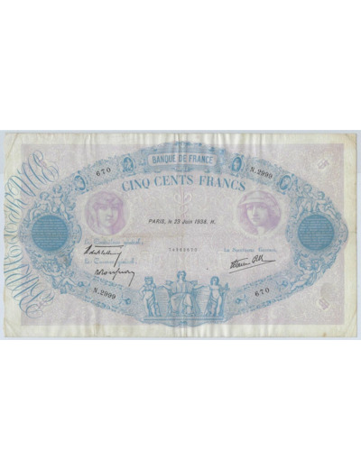 FRANCE 500 FRANCS BLEU ET ROSE 23 JUIN 1938 N.2999 TTB