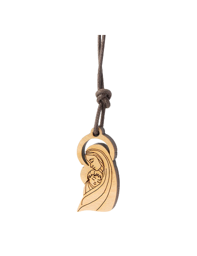 Pendentif en bois 2,5x1cm avec cordon- VIERGE à L'ENFANT DECOUPEE