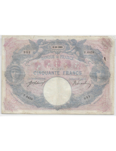 FRANCE 50 FRANCS BLEU ET ROSE SERIE V.6458 2-10-1915 TB+