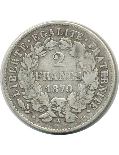 FRANCE 2 FRANCS CERES 1870 A (Paris) petit A TB+ (G530) N2