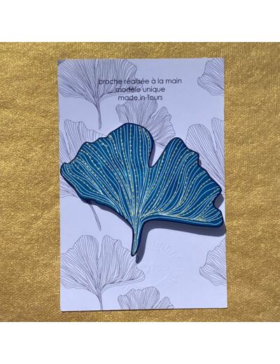 Broche ginko coloris bleu foncé pois argent