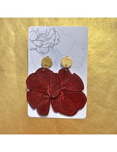 Boucles d'oreilles demi-fleurs asymétriques rouge bordeaux pistils rouges