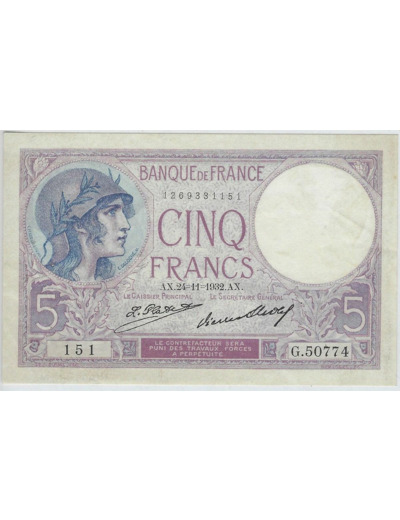 FRANCE 5 FRANCS VIOLET 24-11-932 G.50774 SPL