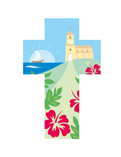 Croix église et hibiscus 14x9cm