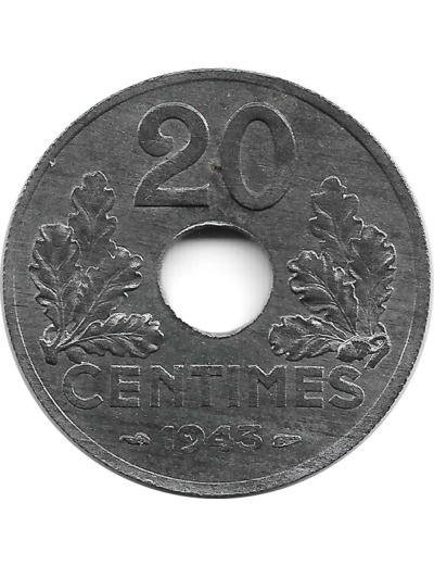 FRANCE 20 CENTIMES TYPE 20 1943 SUP+