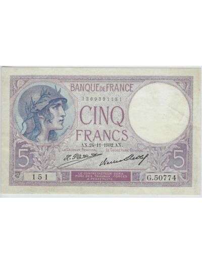 FRANCE 5 FRANCS VIOLET 24-11-932 G.50774 SPL