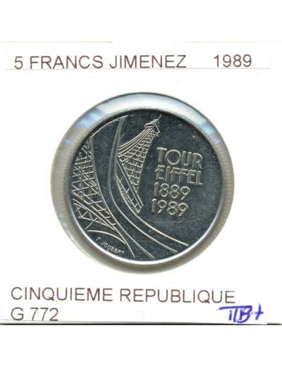 FRANCE 5 FRANCS TOUR EIFFEL 1989 TTB+