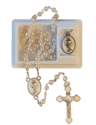 Coffret COMMUNION avec Chapelet argenté imitation perle + médaille