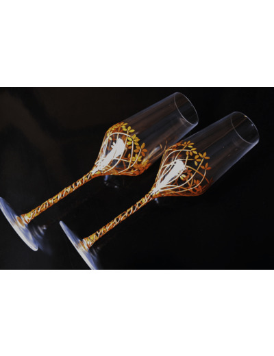 Lot de deux flutes à champagne peintes à la main décorées de feuillages dorés pour votre mariage, pièce originale et unique