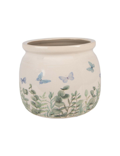 Pot de fleurs rond beige céramique papillons 16x13cm