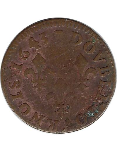 LOUIS XIII (1610-1643) DOUBLE TOURNOIS 1643 (SANS ATELIER) 1gr87 TB+