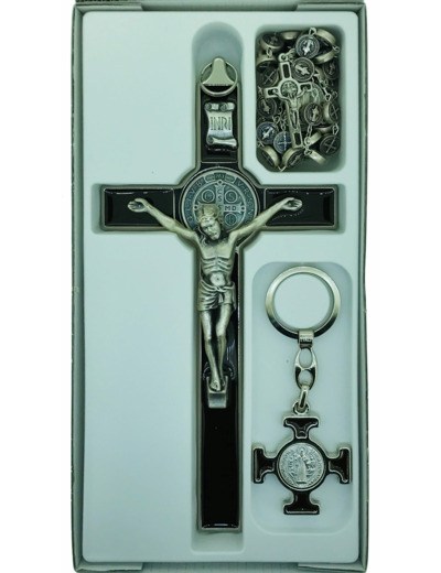 Coffret St Benoît 22,5x11,5cm croix+chapelet+PC - MARRON