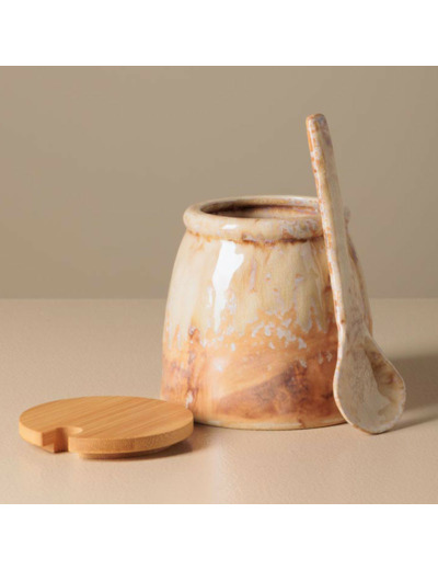 Pot à moutarde avec sa cuillère beige en céramique 10x11cm