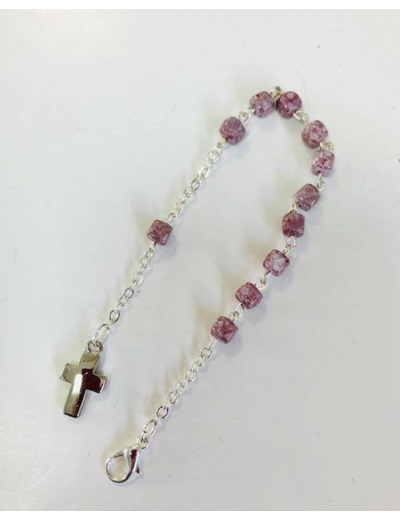 Dizainier en verre chaine argentée+ fermoir-grains carrés-CHINE MAUVE