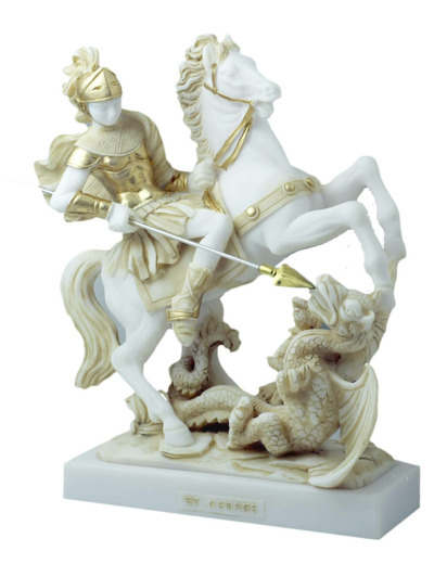 St Georges - Statue en albâtre 30cm -Beige et Or