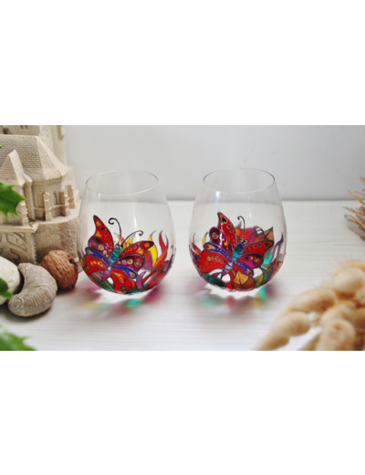 Duo de deux verres à whisky en cristal de bohème peints à la main très colorés décorés d'un papillon arc en ciel personnalisables