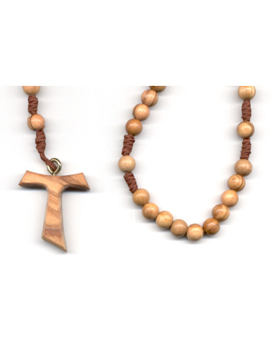 Chapelet OLIVIER sur CORDE -grain ROND- croix TAU sans Christ