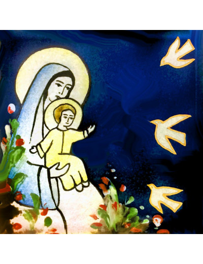 Vierge aux oiseaux 8,1X8,1cm - EMAUX DU LIBAN