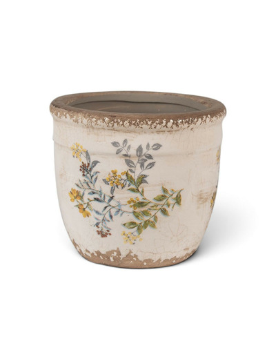 Pot de fleurs d'intérieur beige et  jaune en céramique fleurs 13x11 cm