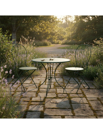 Ensemble Bistrot Table Ronde et 2 Chaises Pliantes Fer Vert Patiné 72x72x93cm