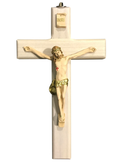 Crucifix en BOIS 17x10cm + christ résine polychrome- BLANC