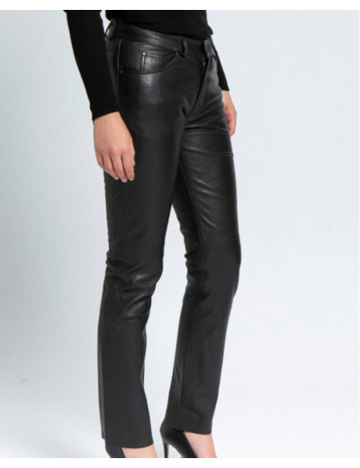 0709-23 Pantalon slim femme cuir noir