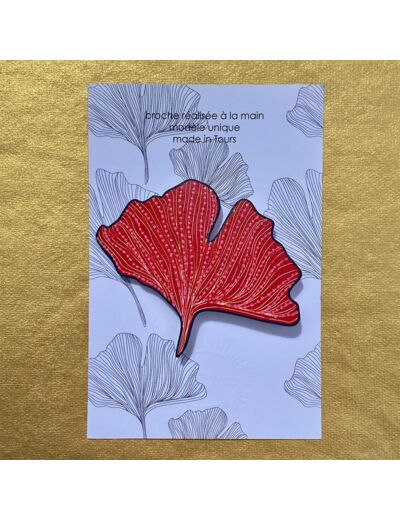 Broche ginko coloris rouge pois rose pailleté