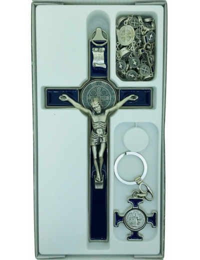 Coffret St Benoît 22,5x11,5cm croix+chapelet+PC - BLEU