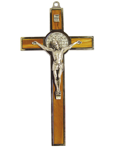 Croix de Saint Benoît en Olivier et Métal Argenté 20cm