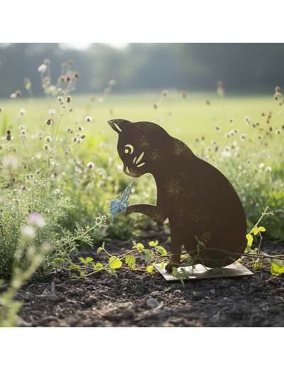 Silhouette Décorative Chat au Papillon en Fer Patiné 27x9x28cm