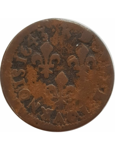 LOUIS XIII (1610-1643) DOUBLE TOURNOIS 1643 K (Bordeaux) B+