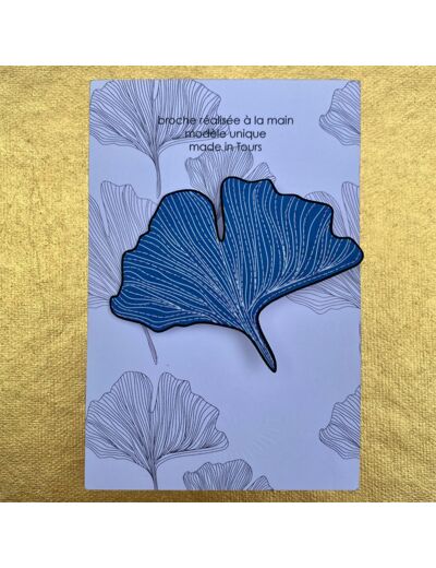 Broche ginko coloris bleu foncé pois argent