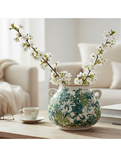 Vase en Grès Sinhoe à Motifs Floraux Verts avec 2 Anses 22x22x17cm