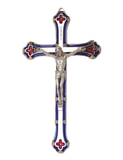 Crucifix 17cm en Métal Nickelé avec Résine Bleu et Rouge