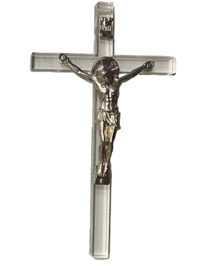 Crucifix en Acrylique et Christ en Métal Argenté 14,5x7cm