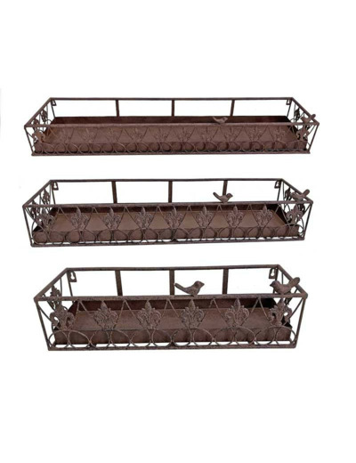 Ensemble 3 Jardinières Murales en Fer Marron Vieilli avec Oiseaux et Lys 16x16x50cm