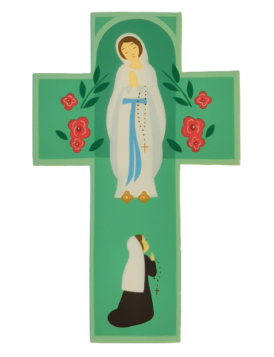 Croix en bois Notre Dame de Lourdes 14x9 cm Vert pâle
