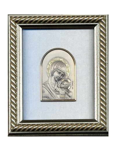 Cadre argenté tressé 14.5x12.5 cm pl.ogive Vierge+enfant auréolés