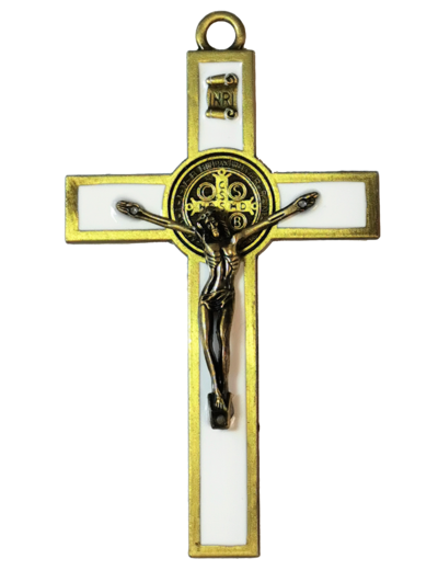 Croix Saint Benoît Dorée et Email Blanc 12,5cm