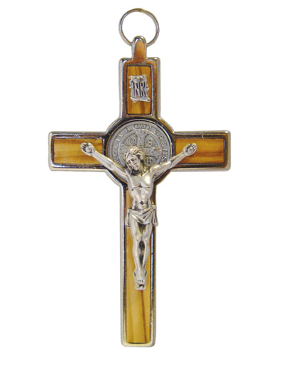 Croix de Saint Benoît en Olivier et Métal Argenté 12cm