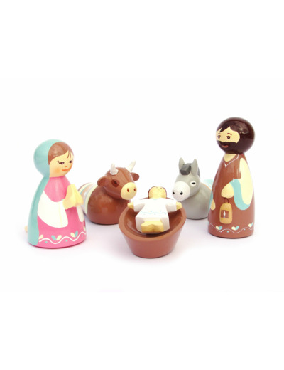 Crèche en bois tourné Marie bleue/rose 9 cm + boite