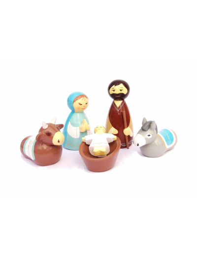 Crèche en bois tourné Marie bleue 9cm + boite